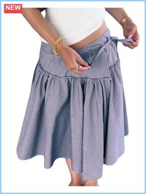 Women's Gingham Wrap Midi Skirt Knee Length Summer Beach Vacation